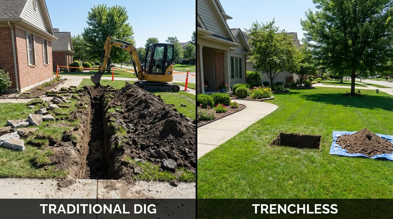 Trenchless sewer repair with minimal yard damage versus traditional excavation in Stanton, NE