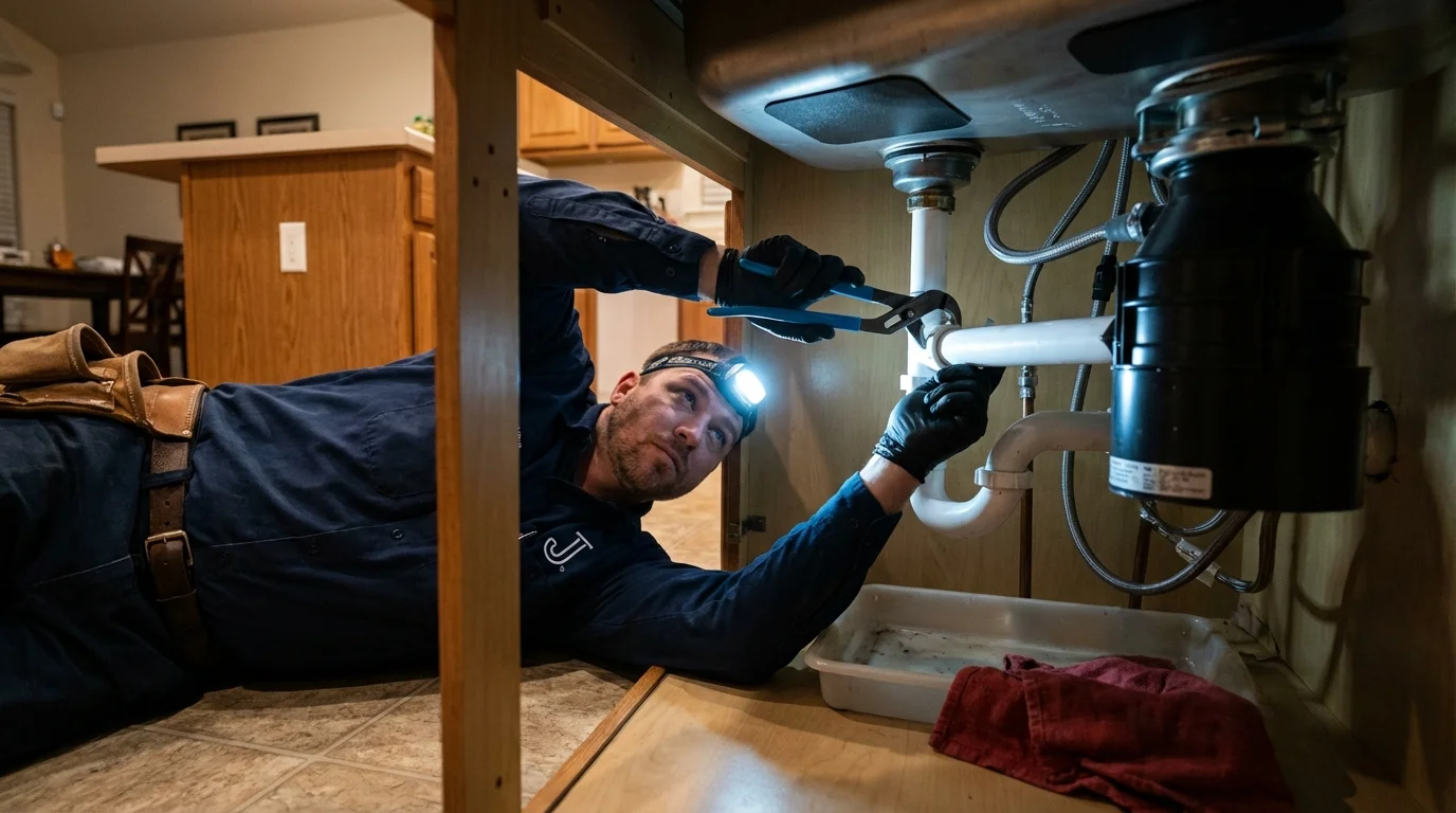P-trap and supply line connections under a kitchen sink showing a common leak point in Stanton, NE